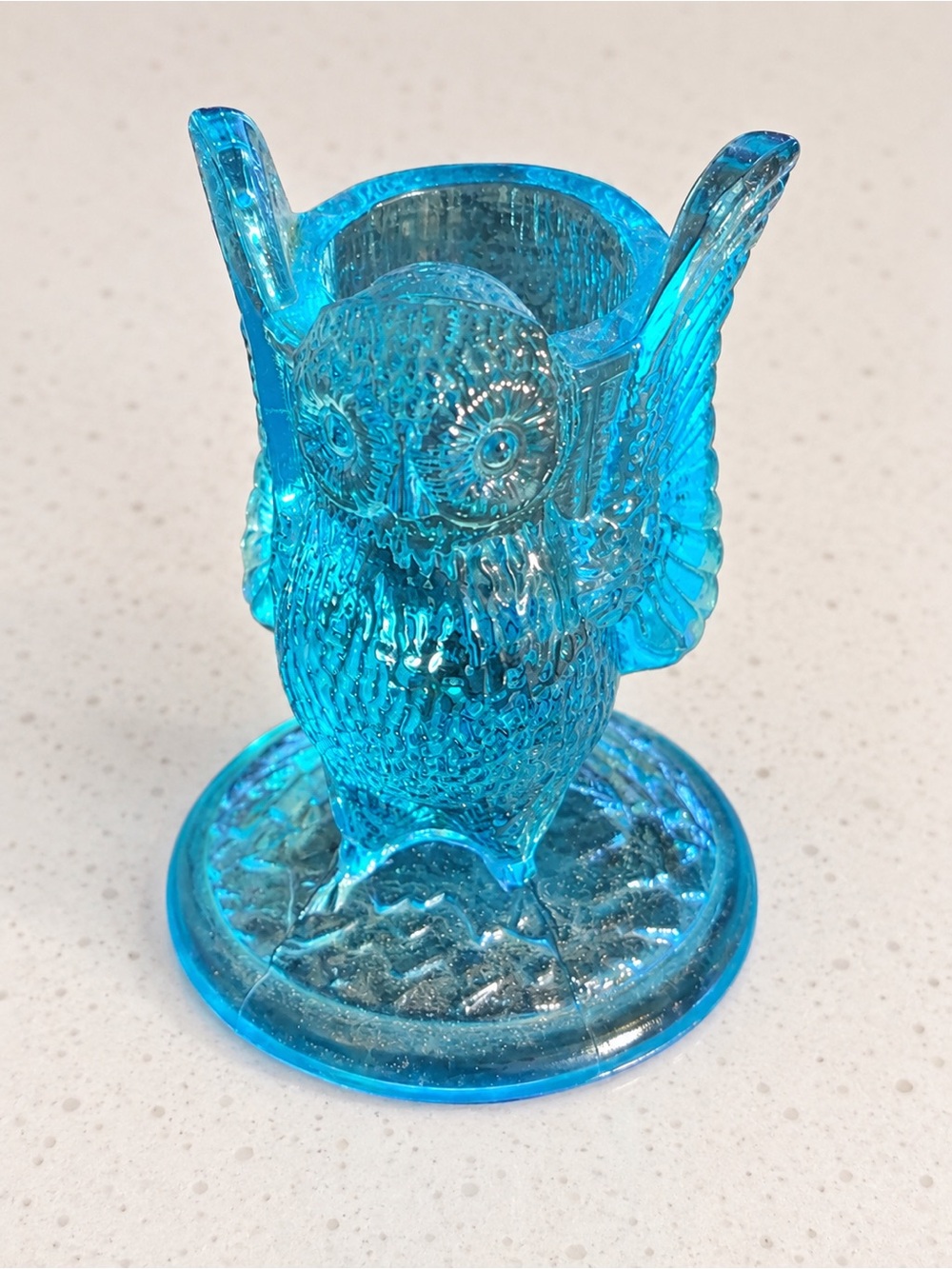 Vintage Aqua Blue Pressed Glass Owl Toothpick Holder 3”